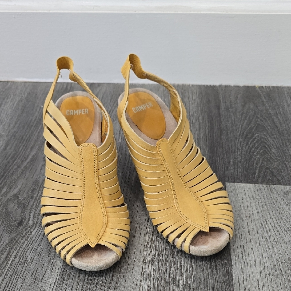Camper Rachel Yellow Woven Slingback Wedge Sandals Wood Block - Picture 3 of 10